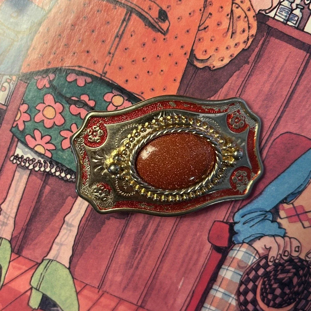 Vintage Gold Red Good Goldstone Western Floral Scroll Belt Buckle